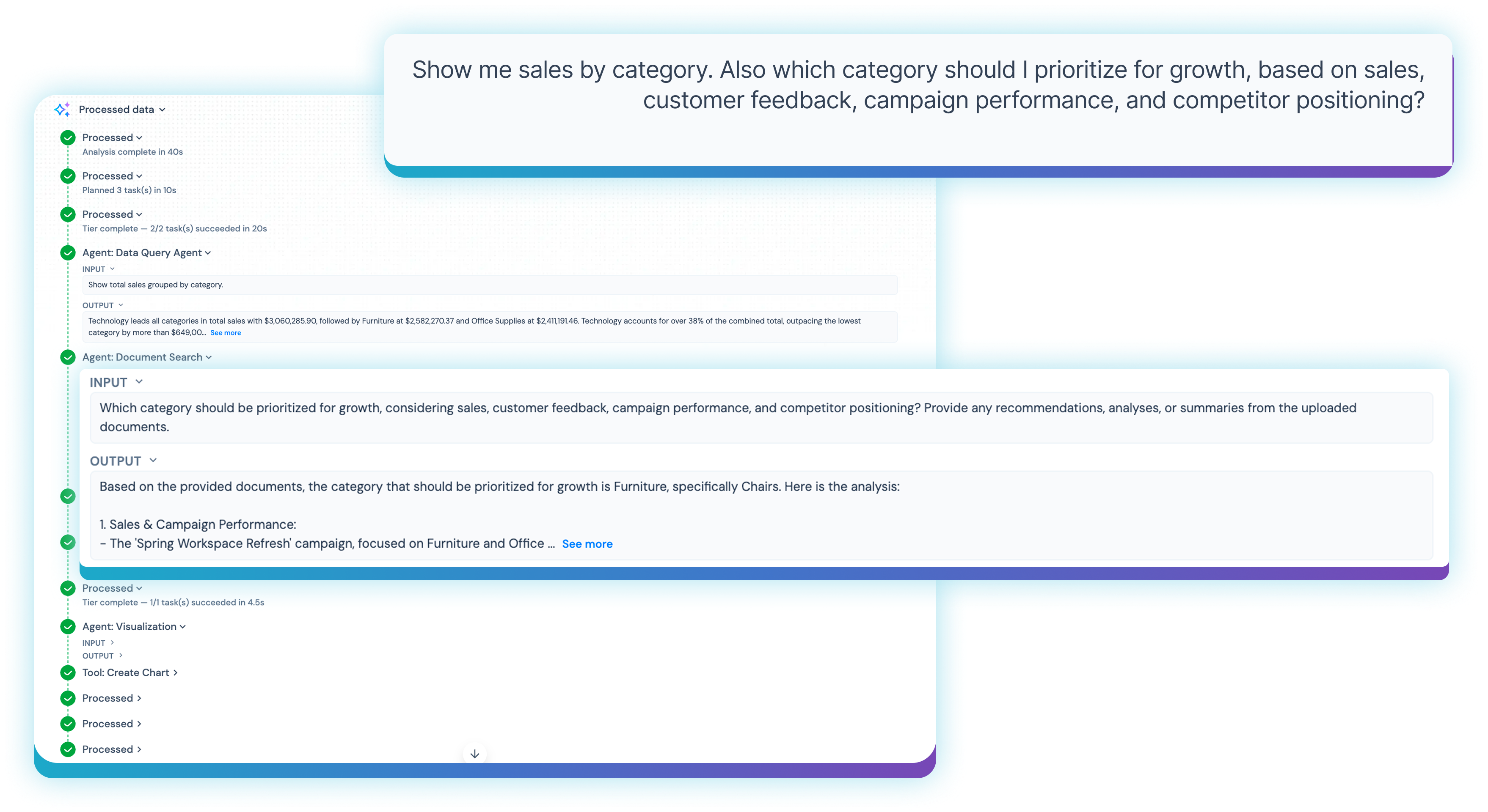 Multi-step reasoning product screen